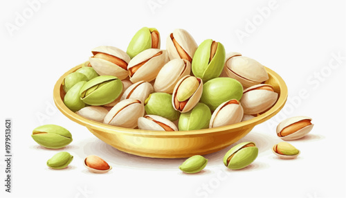 Colorful pistachio nuts in a golden plate, clean vector style, green and golden shells, isolated on white background   