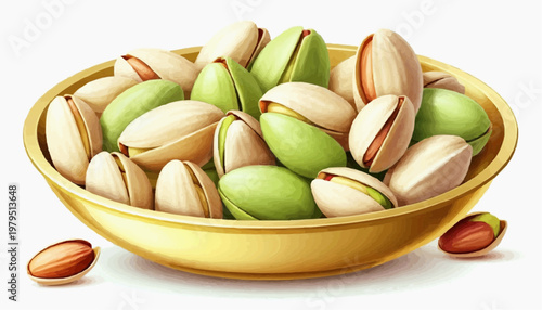 Colorful pistachio nuts in a golden plate, clean vector style, green and golden shells, isolated on white background   