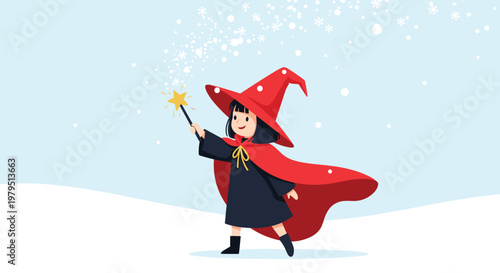 Cute little girl dressed as a witch with a red hat and cape waving a magic wand under a starry and snowy winter night sky landscape.