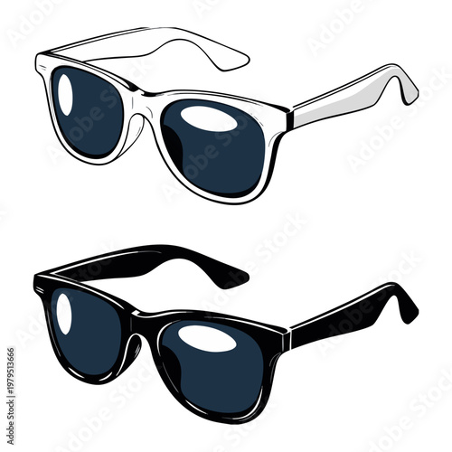 A set of 3d isolated black plastic sunglasses and fashion eyewear frames with protective lenses provides a stylish summer accessory for eye protection and elegant eyesight style.