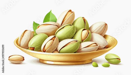Colorful pistachio nuts in a golden plate, clean vector style, green and golden shells, isolated on white background   