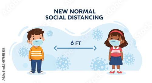 School children wearing protective face masks and keeping social distance to prevent the spread of virus in the new normal lifestyle.