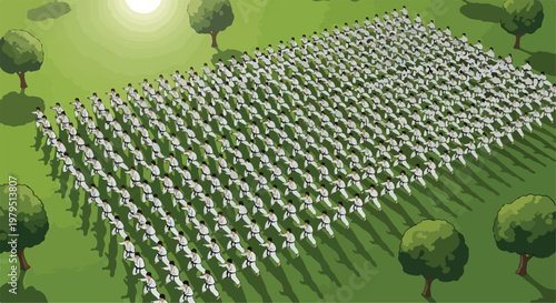 Martial arts group training in nature, large crowd of karate students in white uniforms practicing outdoors, isometric vector illustration of fitness class