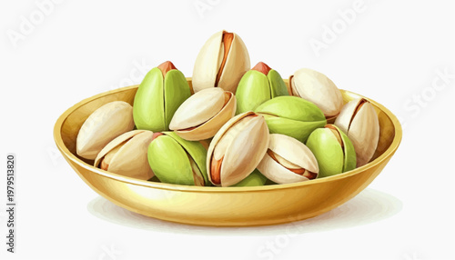 Colorful pistachio nuts in a golden plate, clean vector style, green and golden shells, isolated on white background   