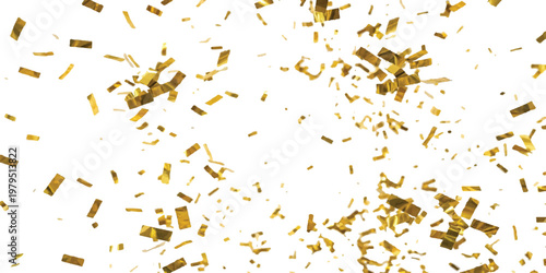 Shiny gold metallic confetti pieces scattered and falling against a plain white background creating a festive celebration atmosphere with small rectangular foil fragments