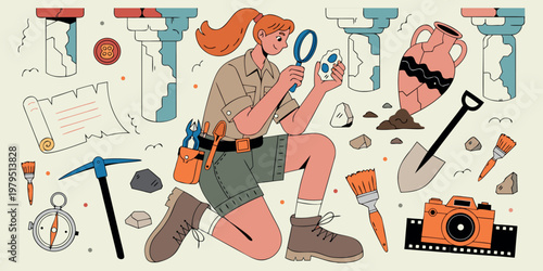 Vintage cartoon vector illustration set featuring a seamless pattern with fashion shoes and accessories in a stylish hand-drawn art design for men and women.