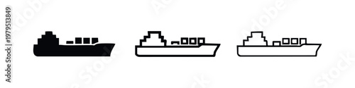 Three cargo ship icons: solid black, outlined black, and line art