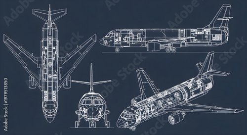 Helicopter Blueprint Vector – Aircraft Multiview Technical Layout Drawing White Outline on Dark Blue Background