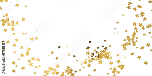 Scattered gold star shaped confetti pieces arranged on the sides of a white background creating a festive border frame effect with empty space in the center for text or