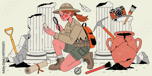 A funny cartoon vector illustration of a girl character wearing a cowboy hat and uniform work cap while holding a sword like a royal king of the world worker.