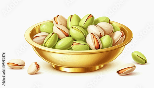 Colorful pistachio nuts in a golden plate, clean vector style, green and golden shells, isolated on white background   