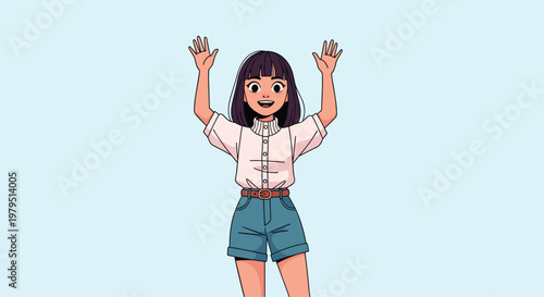 Cheerful young woman raising her hands in excitement and smiling brightly against a simple light blue background for joy.