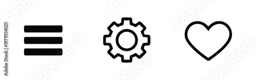 Collection of three icons: menu, settings gear, and heart outline