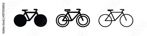 Three simplified bicycle icons in solid black, outline, and line art styles