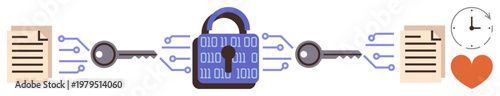 Data encryption, digital security, cybersecurity, information transfer, file protection, binary digit concepts. Central lock with binary code, keys documents heart and clock symbols. Data