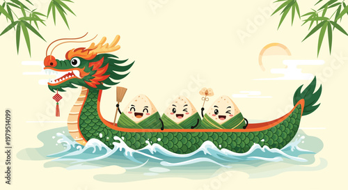 Cute zongzi characters rowing a dragon boat with traditional elements to celebrate the dragon boat festival on the river water.