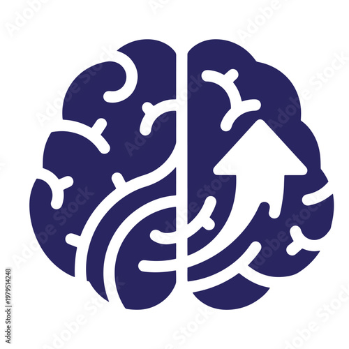 Dark blue brain with white neural pathways and upward arrow