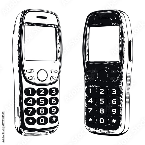 A black mobile phone and a set of digital cellular cellphones with buttons are isolated on white to showcase wireless technology and business communication equipment.