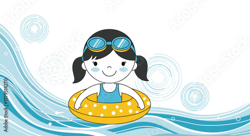 Young girl wearing goggles and floating on a yellow inner tube in the blue ocean waves for a fun summer vacation activity.