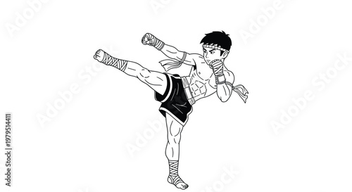 Dynamic black and white drawing of a martial artist performing a powerful high kick in a traditional muay thai fighting stance.