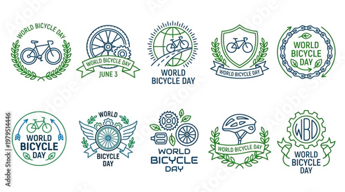 World Bicycle Day vector labels, icons, and badges collection. A comprehensive set for celebrating cycling culture, promoting events, and raising global awareness