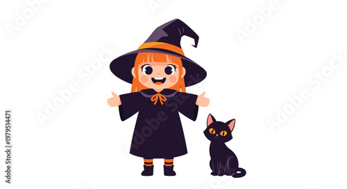 Cute little witch character standing with her black cat and wearing a traditional hat and robes for halloween night celebration.