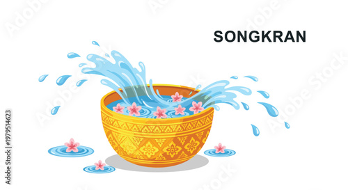Traditional golden water bowl with jasmine flowers and water splashing to celebrate the songkran festival in thai culture style.