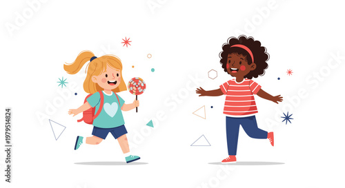 Two young girls one with a backpack and a lollipop running and waving to each other with joy during a fun play session outdoors.