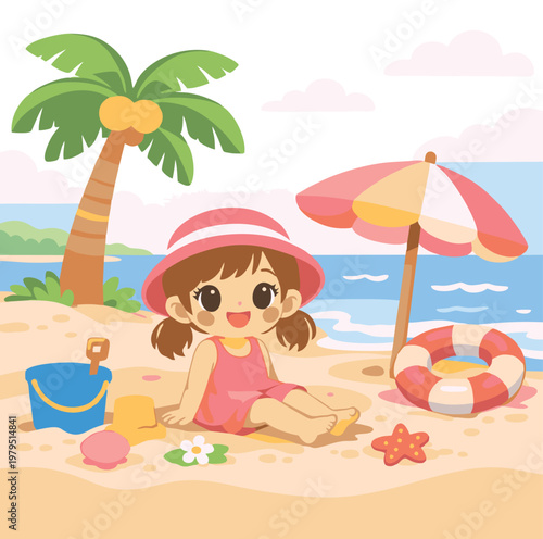 Cute Little Girl Playing on Beach Cartoon Illustration