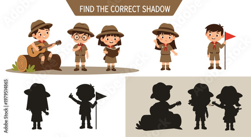 Educational activity sheet for children titled find the correct shadow featuring scout characters playing guitar and exploring.