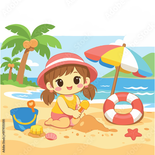 Cute Little Girl Playing on Beach Cartoon Illustration
