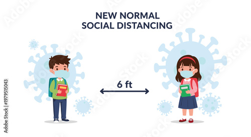 School children wearing masks and keeping social distance from each other while holding books to follow the new normal safety rules.