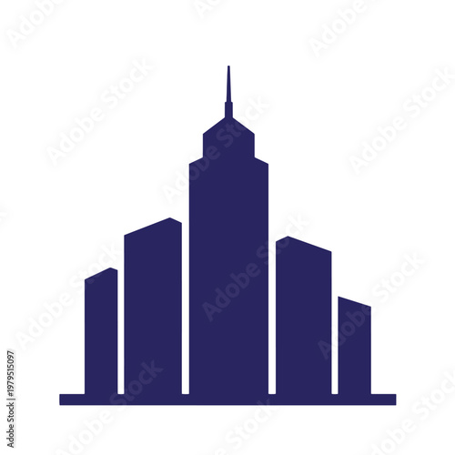 Dark blue city skyline silhouette, with tall skyscraper and smaller buildings urban