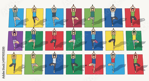 Yoga tree pose illustration set, group of 21 diverse women practicing yoga on colorful mats, fitness and wellness vector collection for health apps