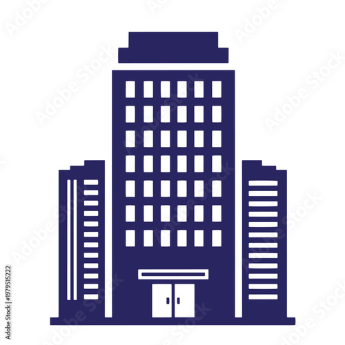 Dark blue cityscape with three skyscrapers, white background, buildings urban architecture