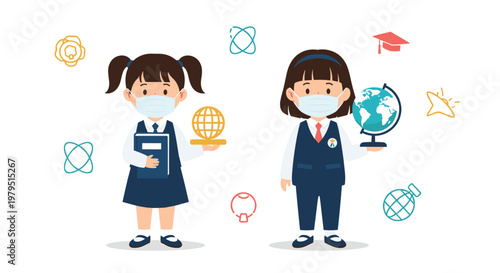 Two schoolgirls wearing medical face masks while holding globes and books during the pandemic in a flat cartoon style.