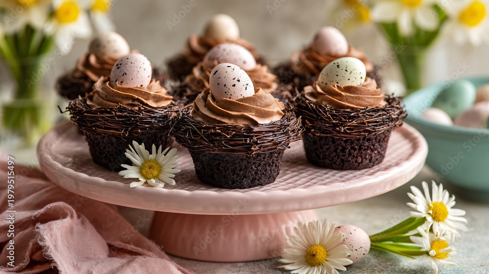 Obraz premium Mini chocolate nest cupcakes topped with swirls of silky chocolate buttercream and speckled candy eggs, arranged on a pastel cake stand with fresh daisies scattered across a linen tablecloth