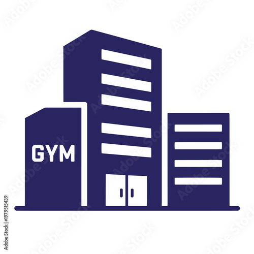 Dark blue gym building with three rectangular structures, white text and accents fitness