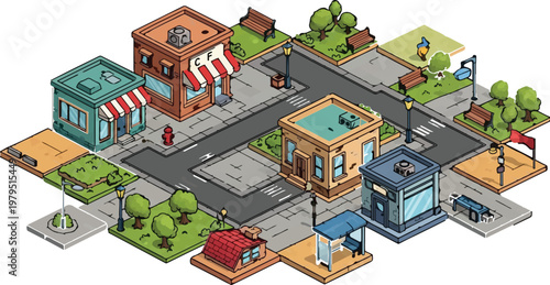 Isometric city map vector with cartoon buildings and streets. Miniature urban neighborhood landscape with shops, parks and roads. Small town game assets.