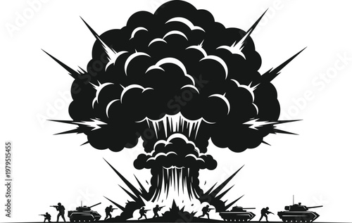 Massive nuclear explosion silhouette with mushroom cloud, battlefield war scene with soldiers and tanks, destructive power concept, black vector illustration isolated on white background