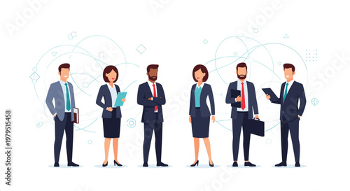 Professional diverse group of business people in suits standing together in a row against an abstract geometric background.