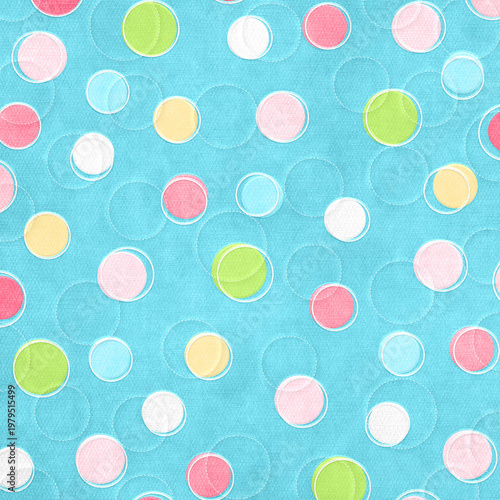 Soft pastel polka dots on turquoise textured background with subtle stitched circles, playful and modern design perfect for kids products, fabric prints, and cheerful backgrounds.