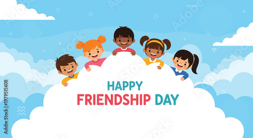Diverse happy children peeking out from behind a large white cloud with friendship day greeting in a blue sky scene.