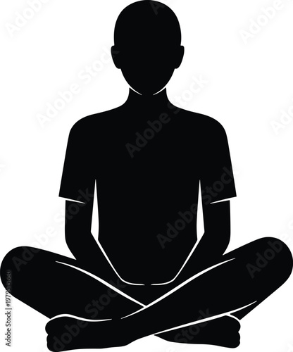 Meditation silhouette of person sitting cross legged in lotus pose, yoga and mindfulness concept, calm mental health practice, vector illustration isolated on white background