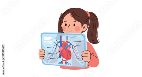 Little girl holding a digital tablet displaying a detailed diagram of the human heart and circulatory system anatomy.