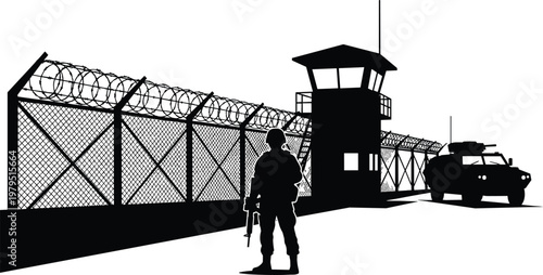 Military base security silhouette with armed soldier, watchtower, barbed wire fence and armored vehicle, border protection concept, black vector illustration isolated on white background
