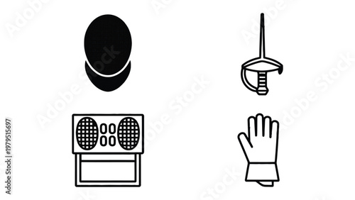 Fencing Gear Essentials: An artistic outline presents essential fencing gear: a mask, epee, glove, and scoring machine, each a symbol of the sport's grace and strategic depth. 