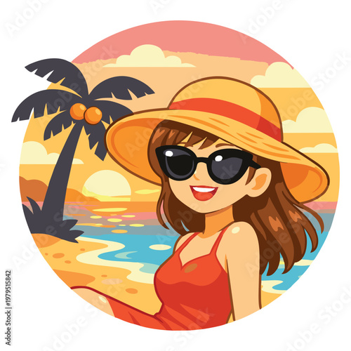 Cute Little Girl Playing on Beach Cartoon Illustration