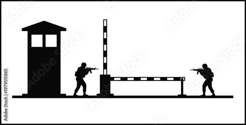 Military checkpoint with armed soldiers silhouette, border security and defense concept, guards with rifles at barrier gate, minimal black and white illustration for security design