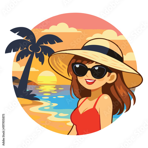 Cute Little Girl Playing on Beach Cartoon Illustration